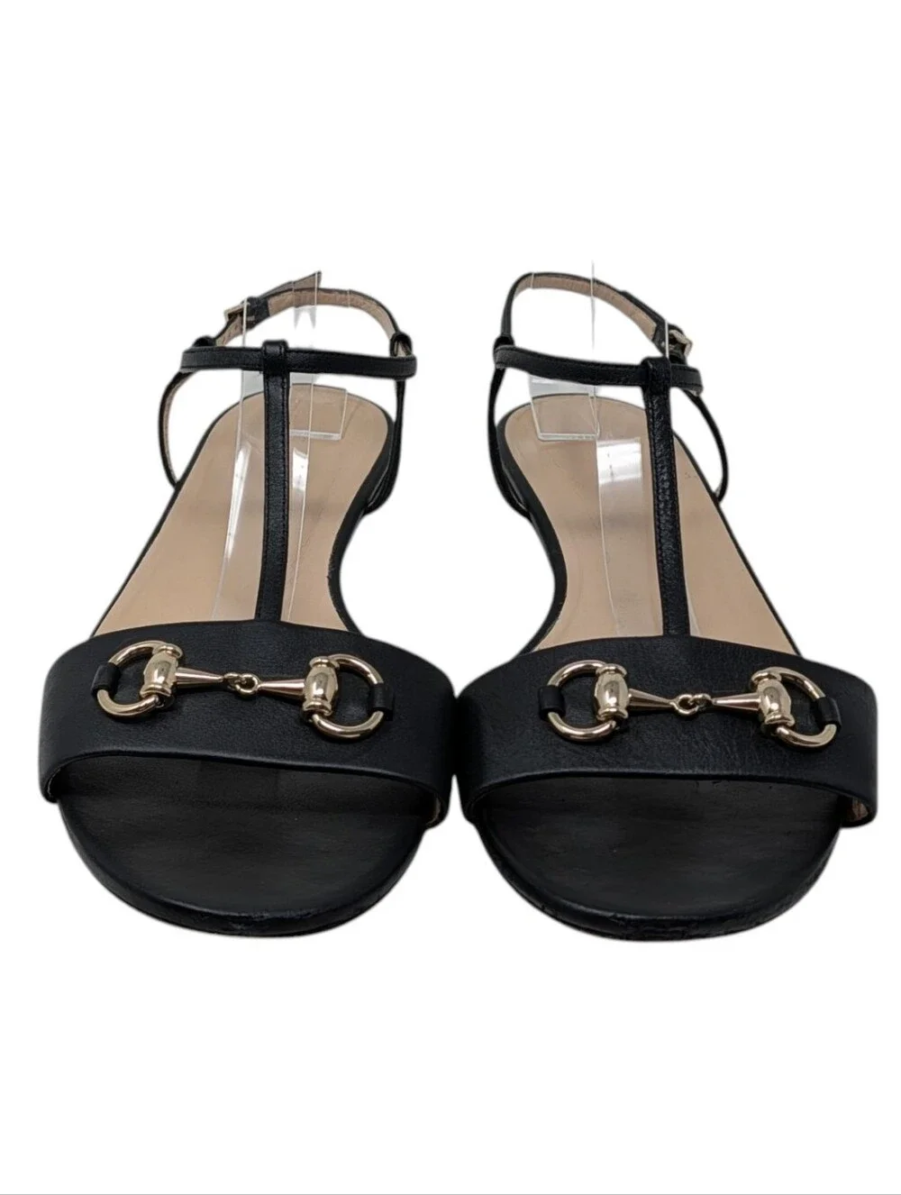 Gucci Horsebit Flat Black Leather T-Strap Sandals Size EU 40.5